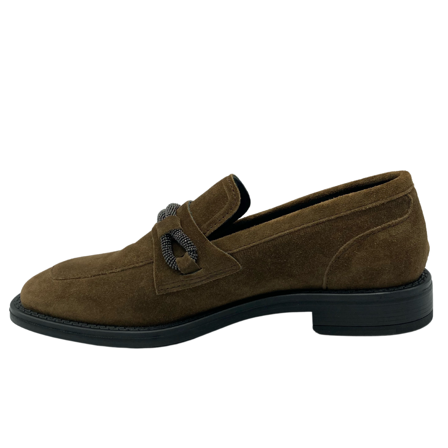 Left facing view of brown suede loafer with short heel and black outsole