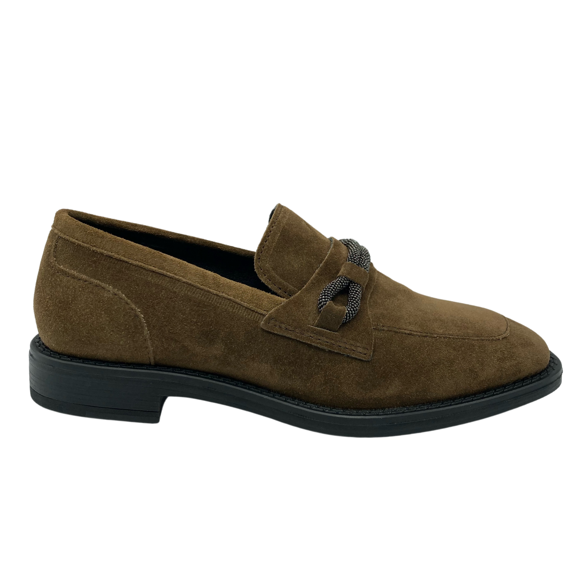 Right facing view of brown suede loafer with black outsole and detail on upper