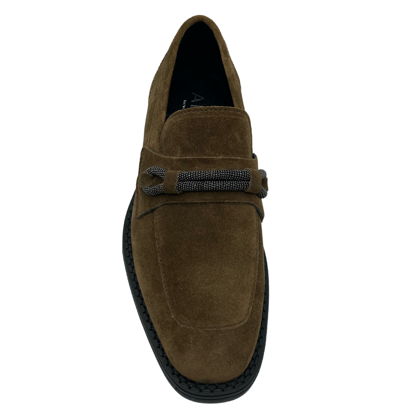 Top view of brown suede loafer with squared toe and black lining