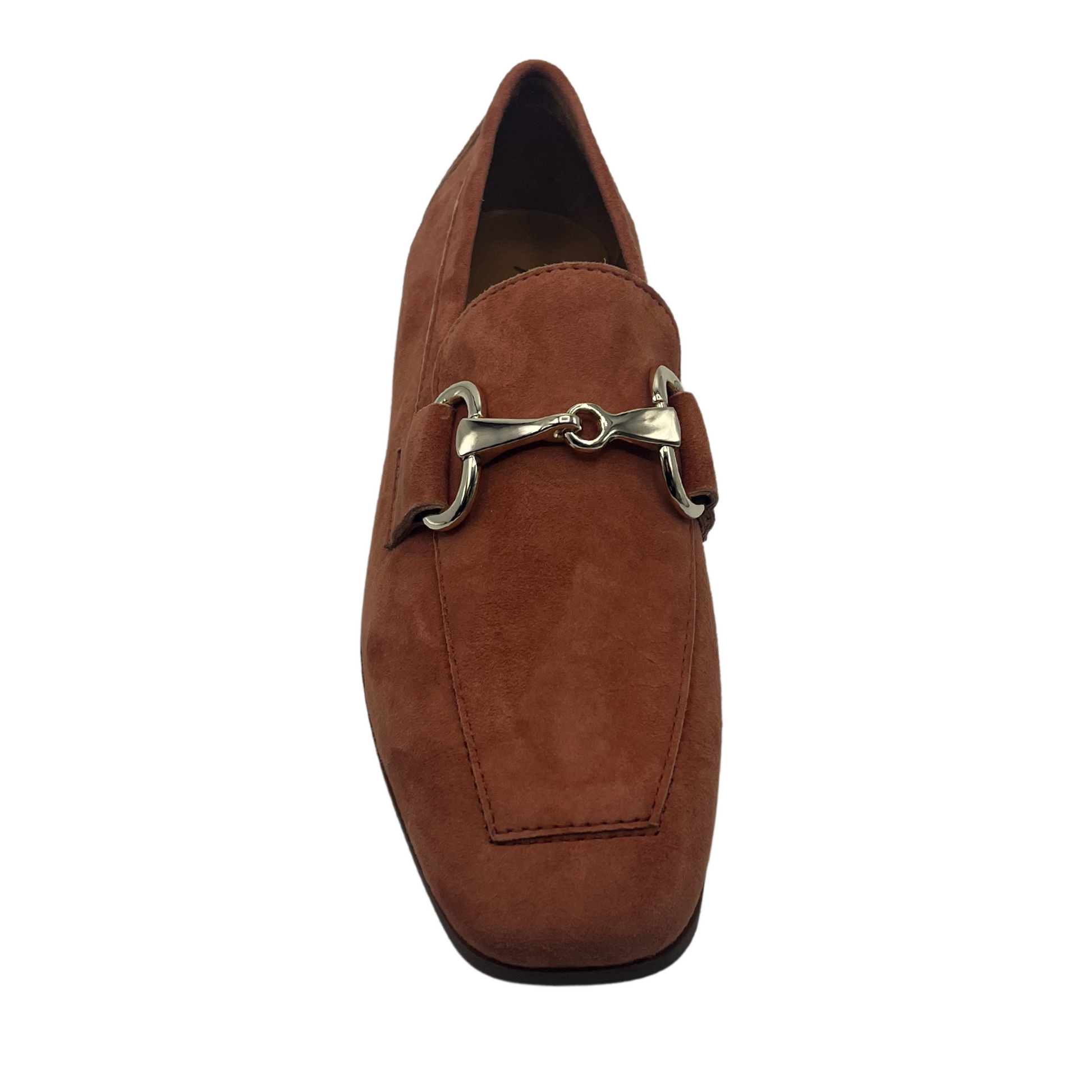 Front view of red brown suede loafer with silver bit detail on upper, square toe and low heel
