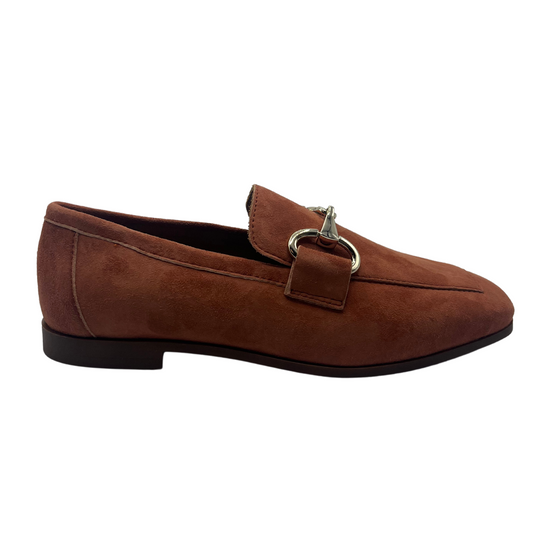 Right facing view of red brown suede loafer with silver bit detail on upper, square toe and low heel