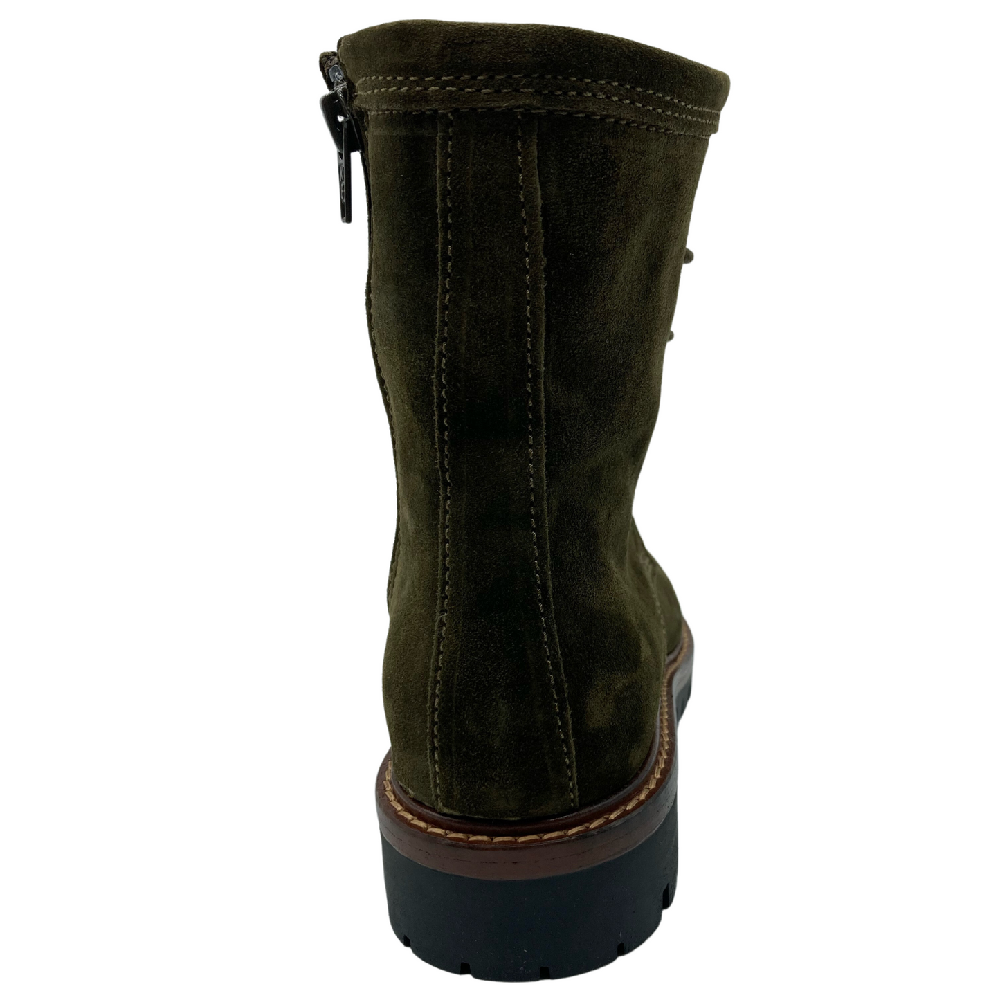 Back view of khaki green short boot with side zipper closure and black and brown rubber sole