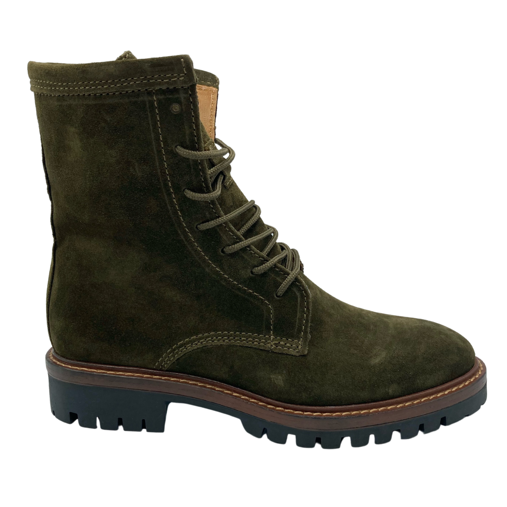 Right facing view of army green suede boot with lace up front and black treaded sole