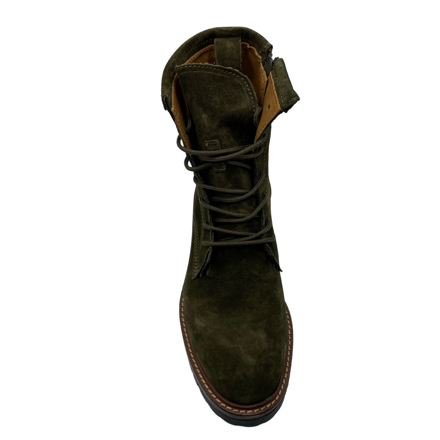 Front view of khaki green boot with matching laces and rounded toe