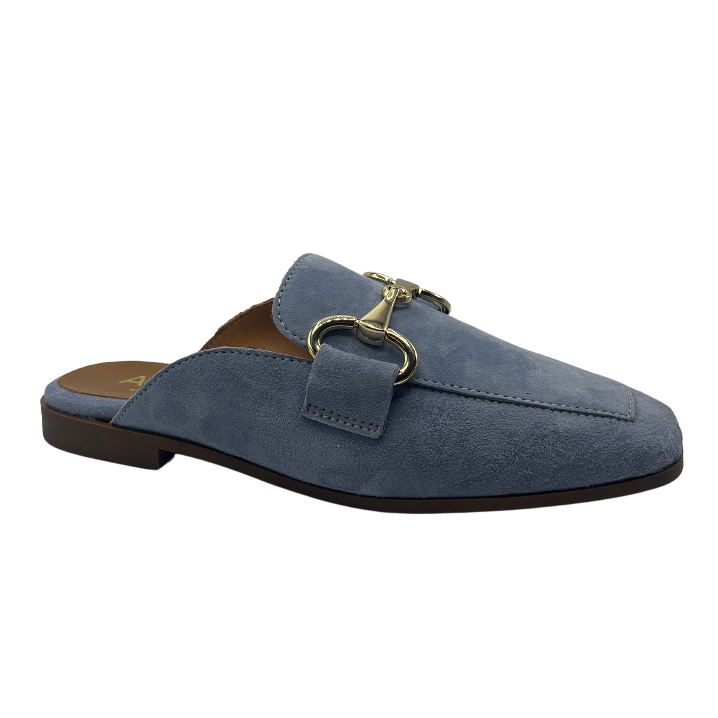 45 degree angled view of blue leather slip on loafer with low heel and gold bit detail on upper