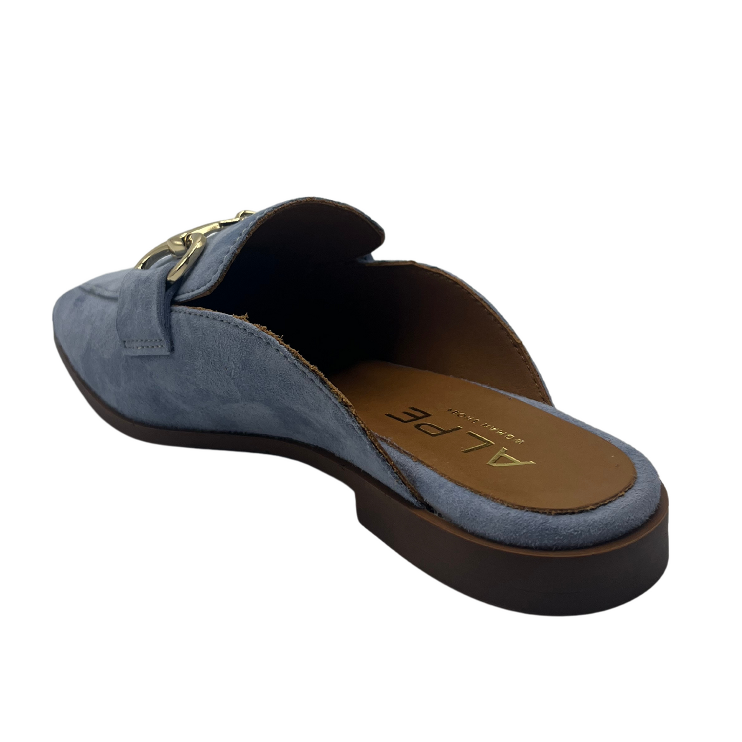 Back facing view of blue leather slip on loafer with low heel and gold bit detail on upper