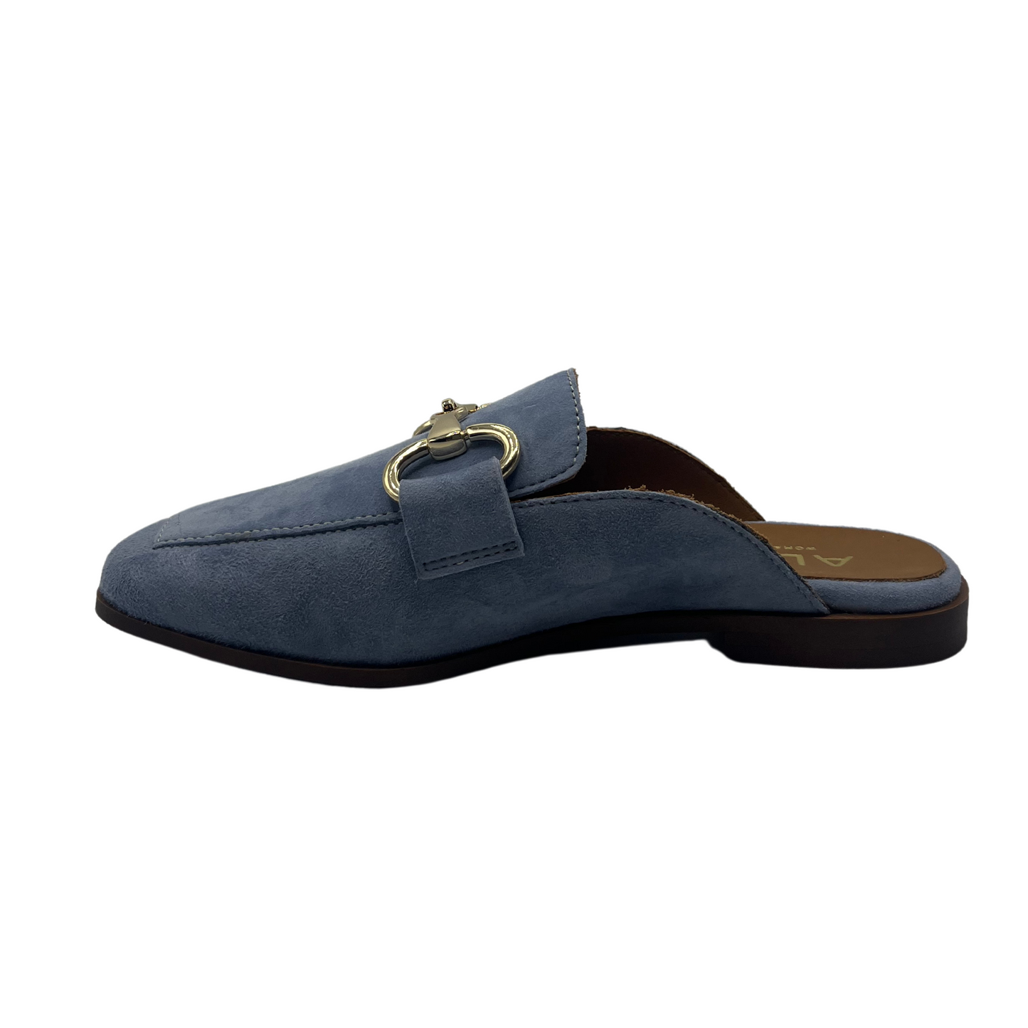 Left facing view of blue leather slip on loafer with low heel and gold bit detail on upper