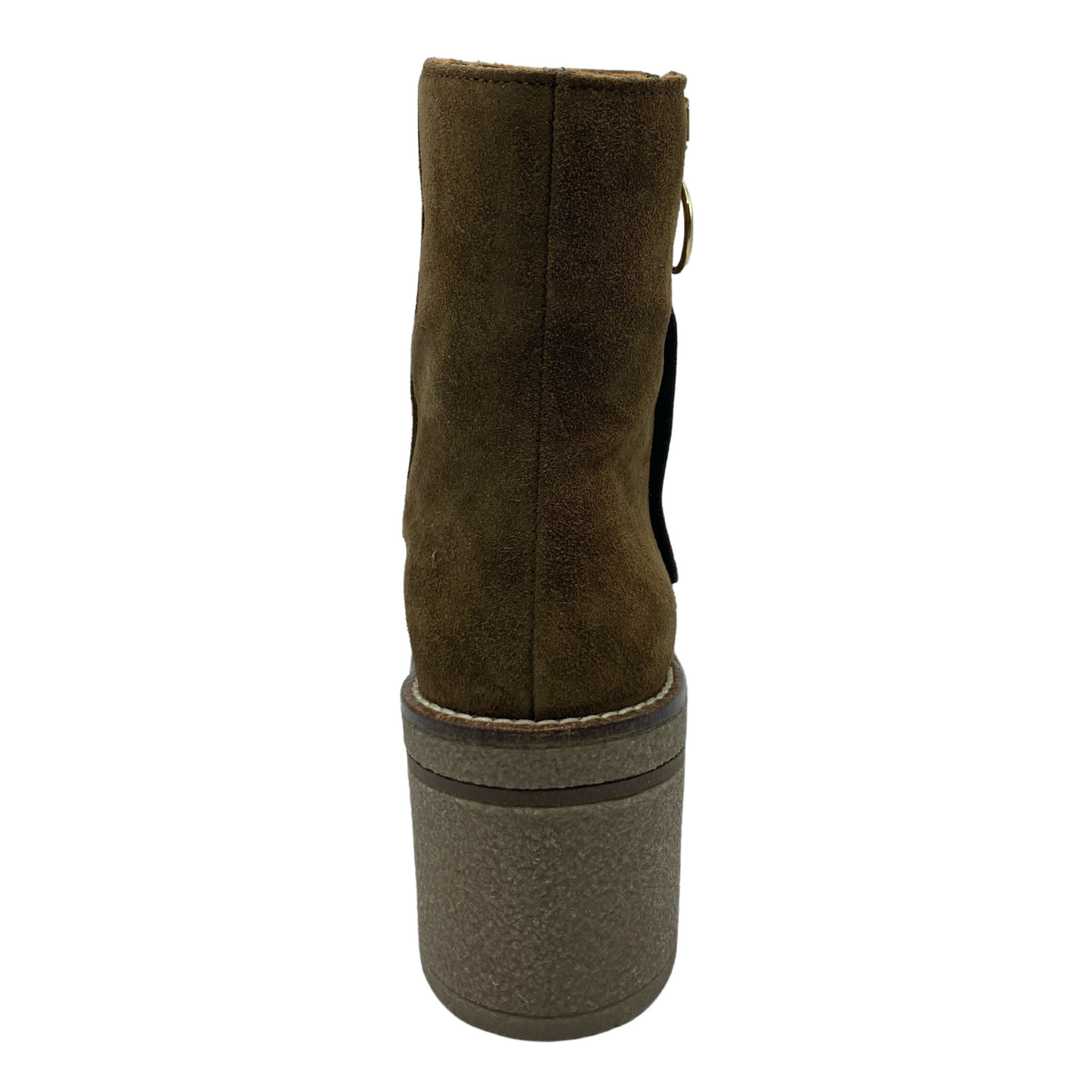 Back view of short brown suede boot with natural rubber heel