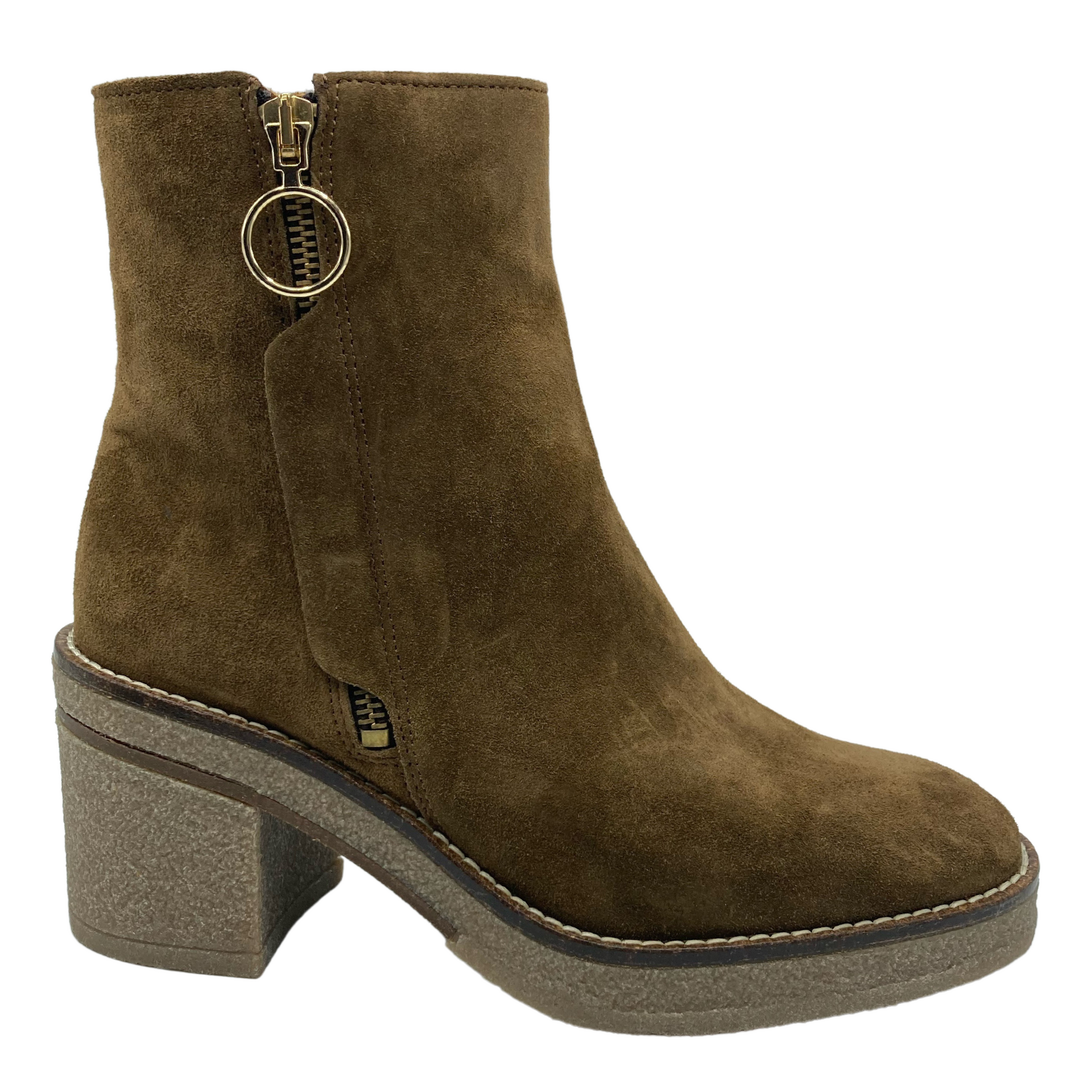 Right facing view of suede short boot with gold side zipper