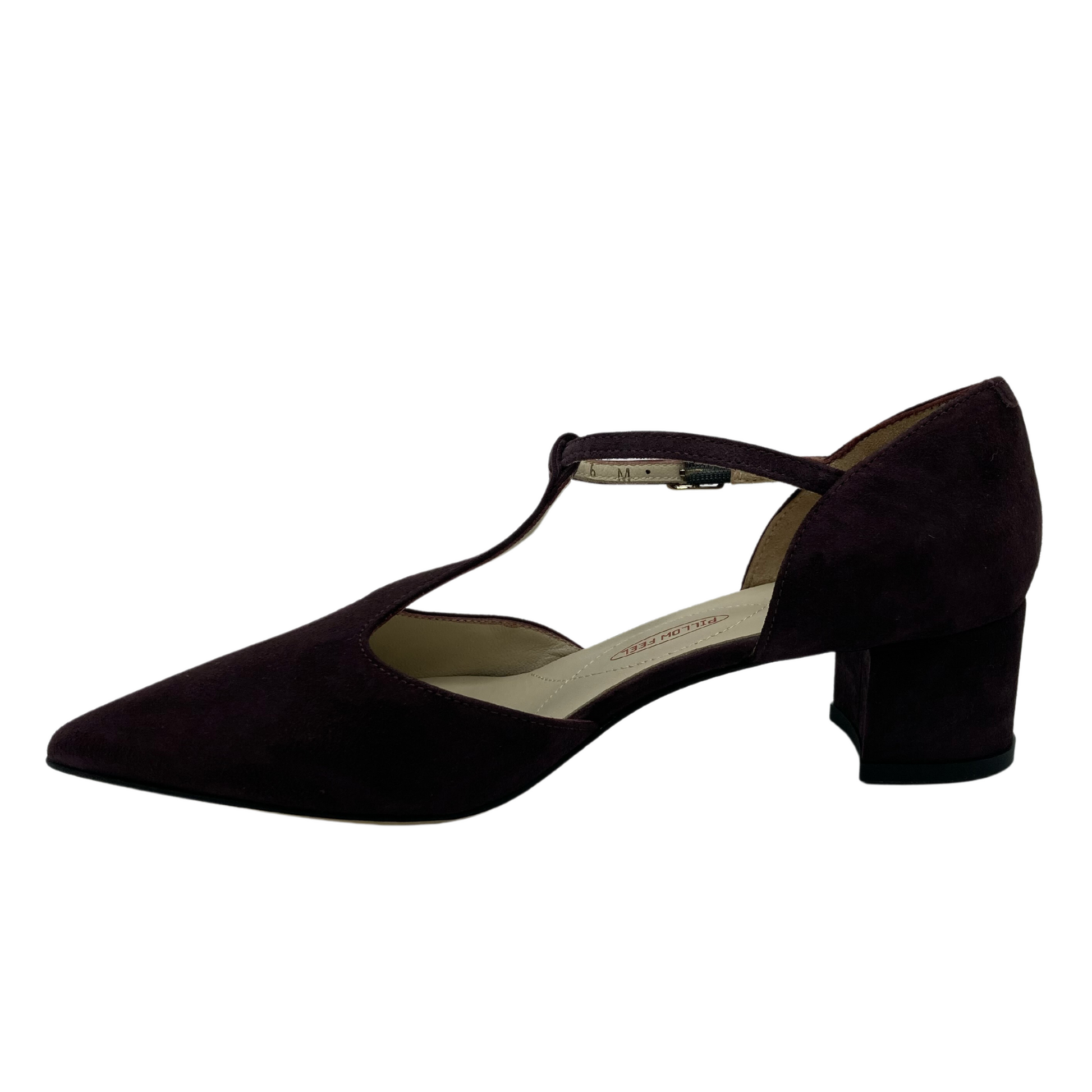 Left facing view of pointed toe pump with block heel and delicate upper strap