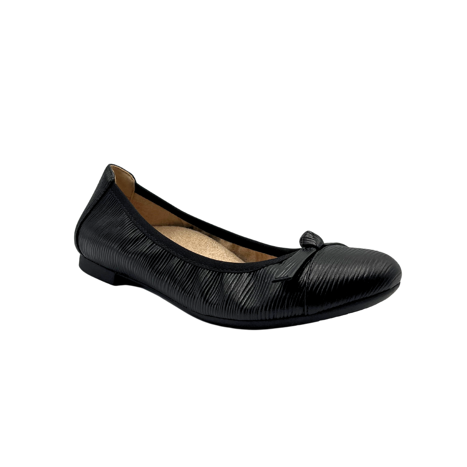 Anlge side view of a black leather ballet flat.  Removable, ergonomic insole with great arch support