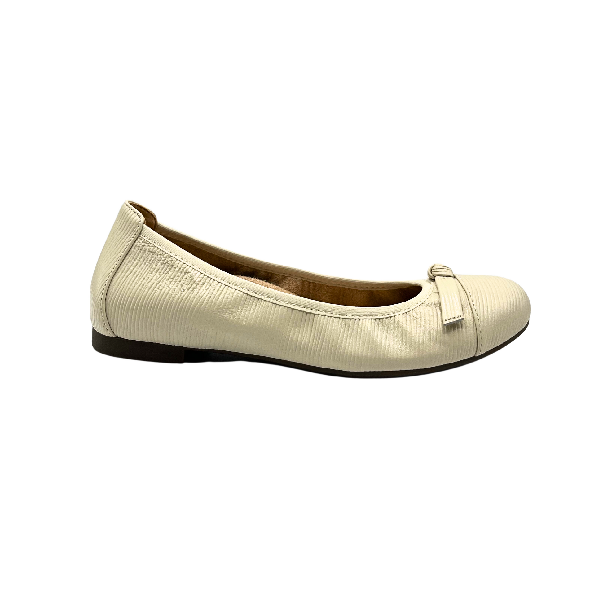 Outside view of a cream leather ballet flat with a toe cap and leather ribbon detail