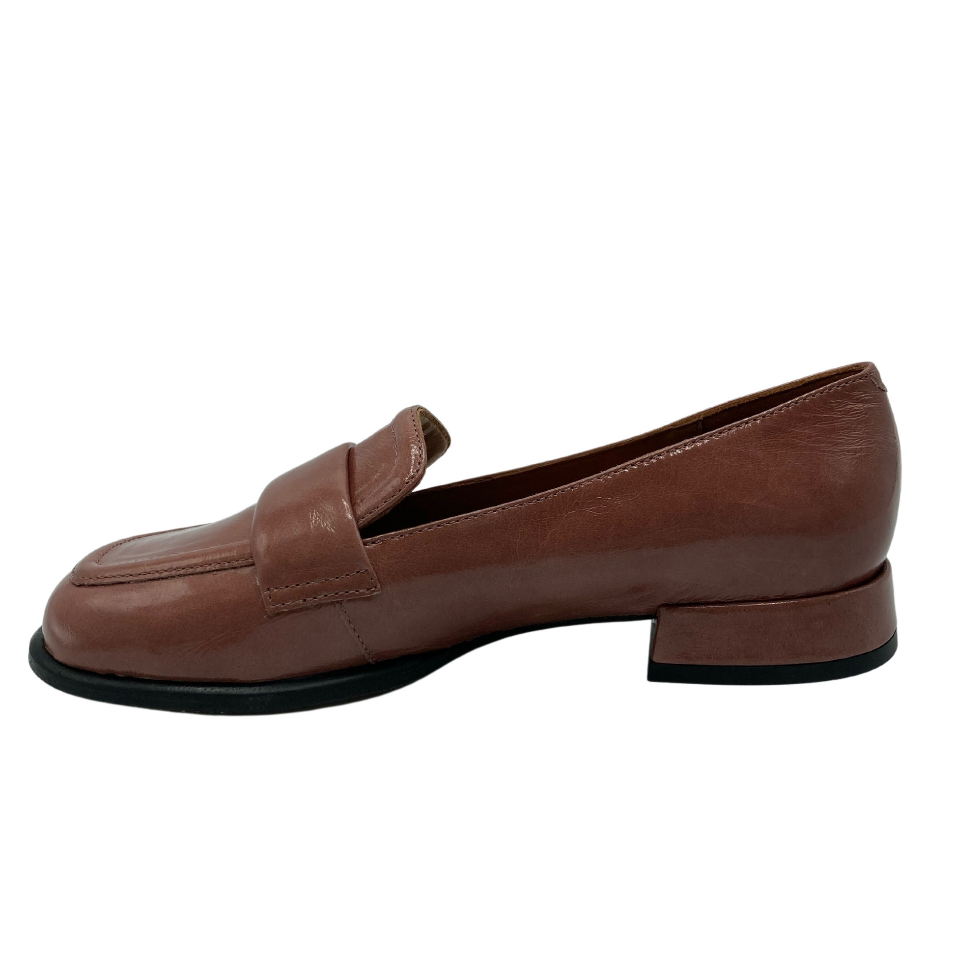 Left facing view of brown patent leather with low heel