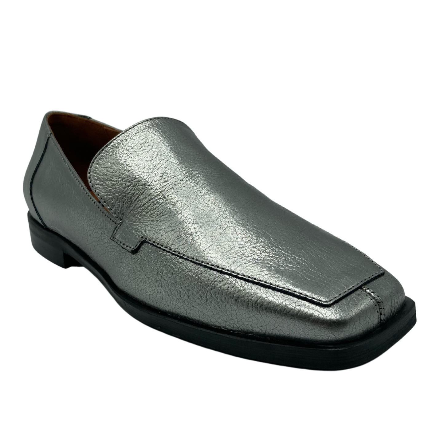 45 degree angled view of silver leather loafer with square toe and black outsole with leather lining