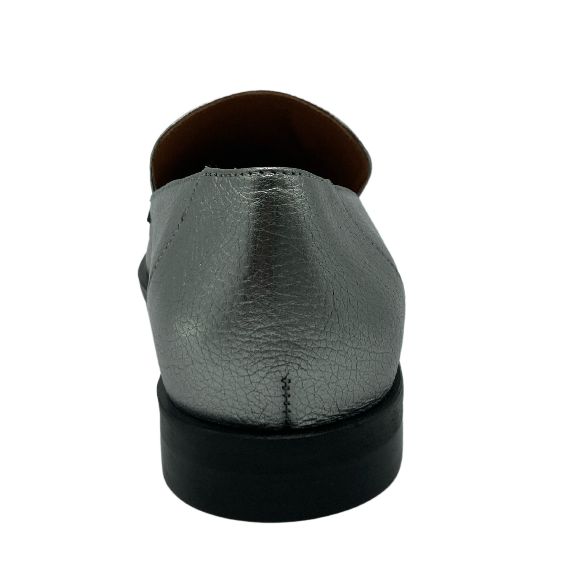 Back view of leather loafer with black heel