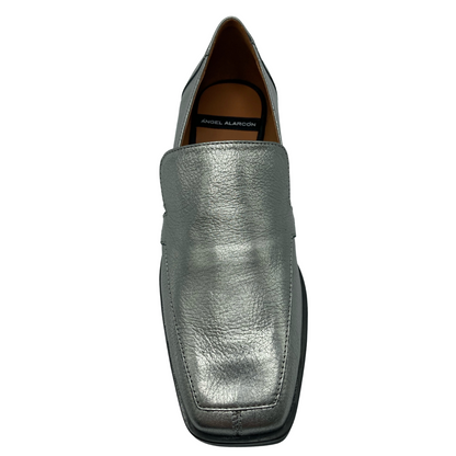 Top view of silver leather loafer with square toe and leather lining