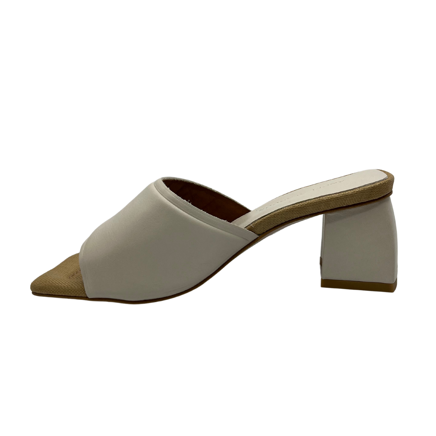 Left facing view of cream coloured leather slip on sandal with square toe, wrapped block heel and padded insole
