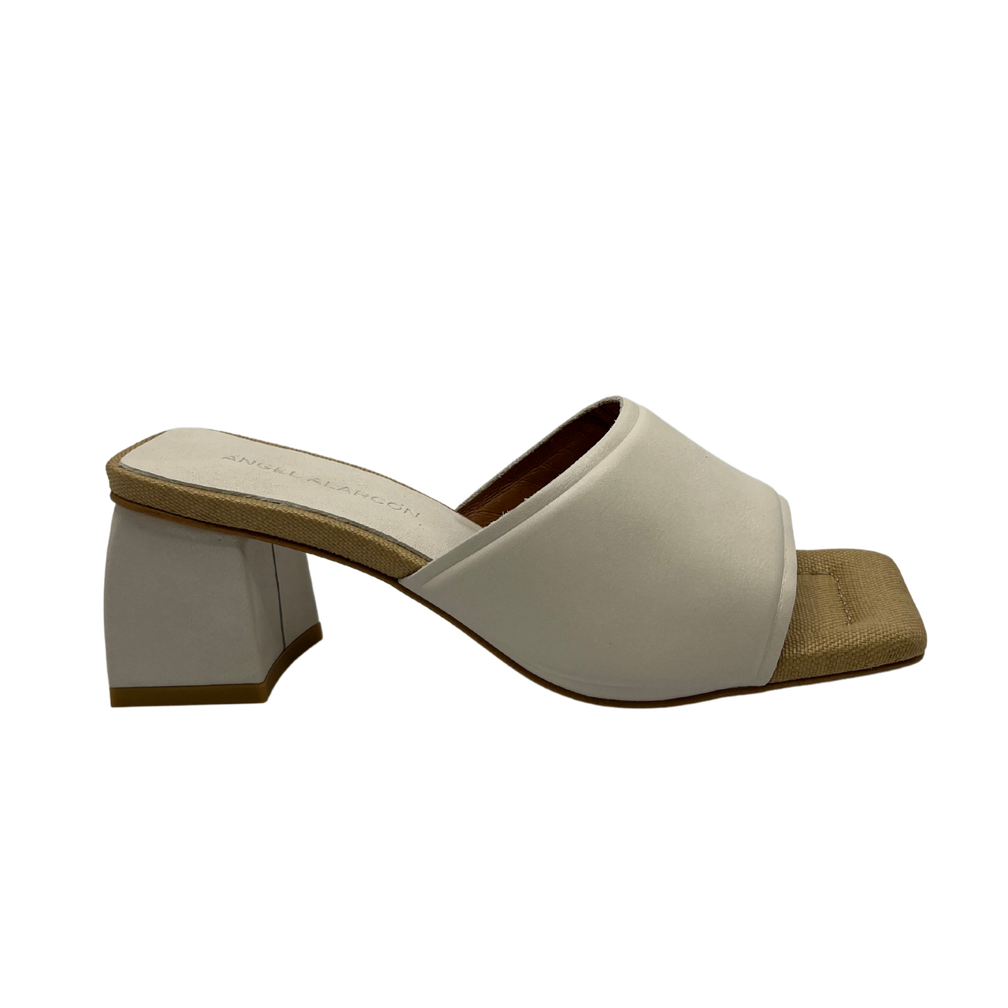 Right facing view of cream coloured leather slip on sandal with square toe, wrapped block heel and padded insole
