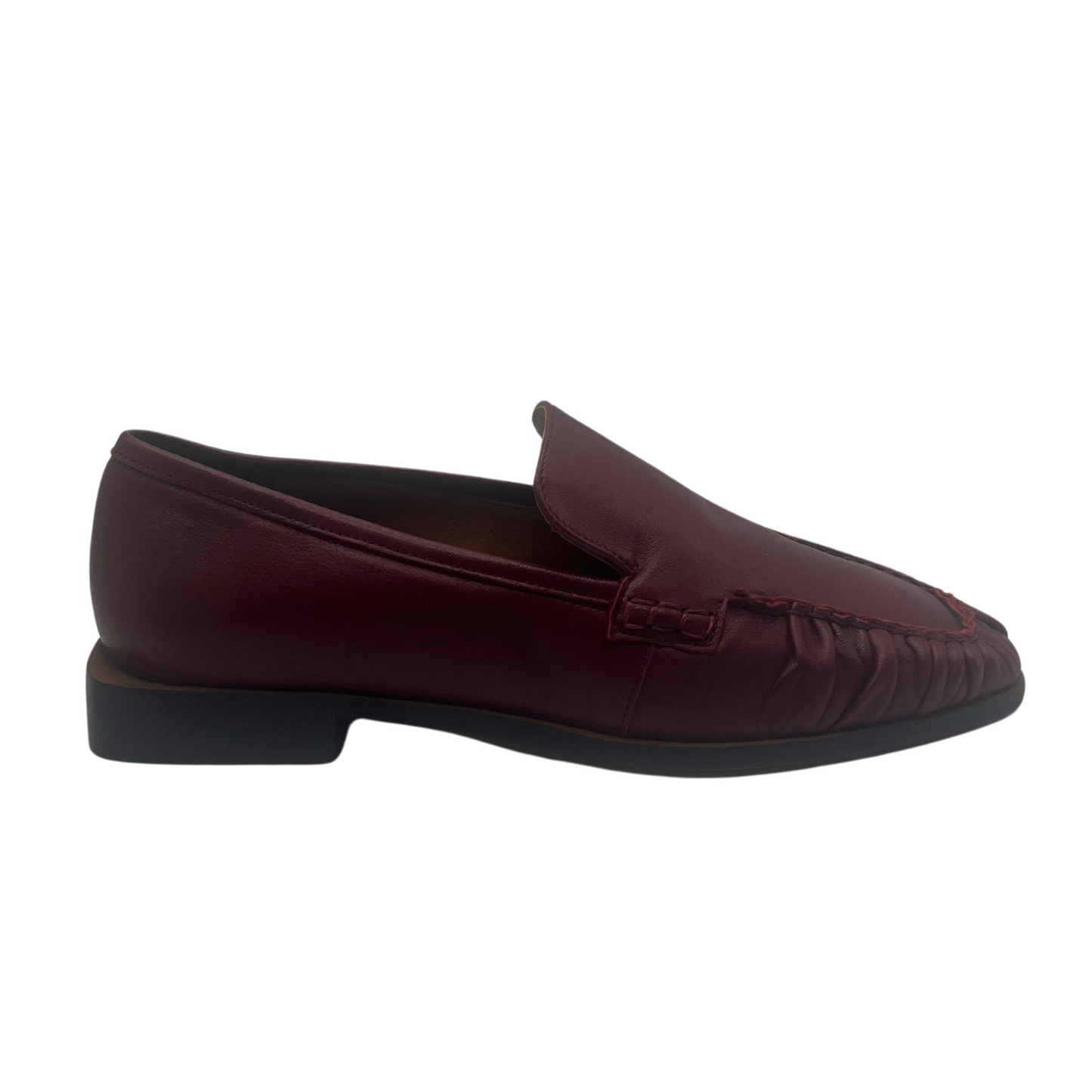 Right facing view of ruby leather loafer with block heel and square toe