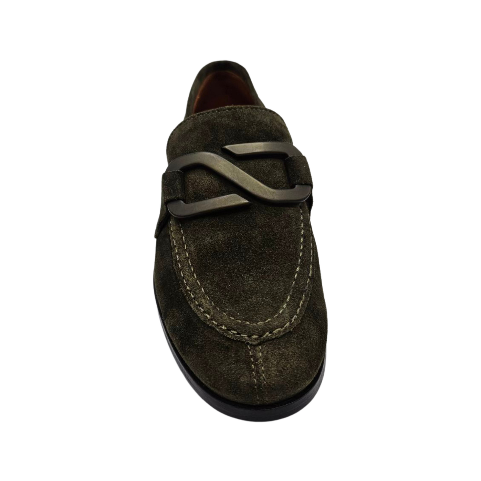 Top view of khaki suede flat loafer with unique S buckle detail, leather lining and footbed.