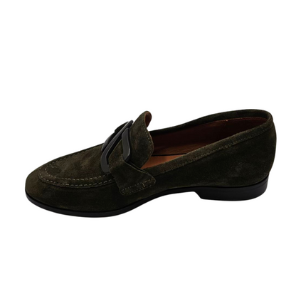 Left facing view of khaki suede flat loafer with unique S buckle detail, leather lining and footbed.