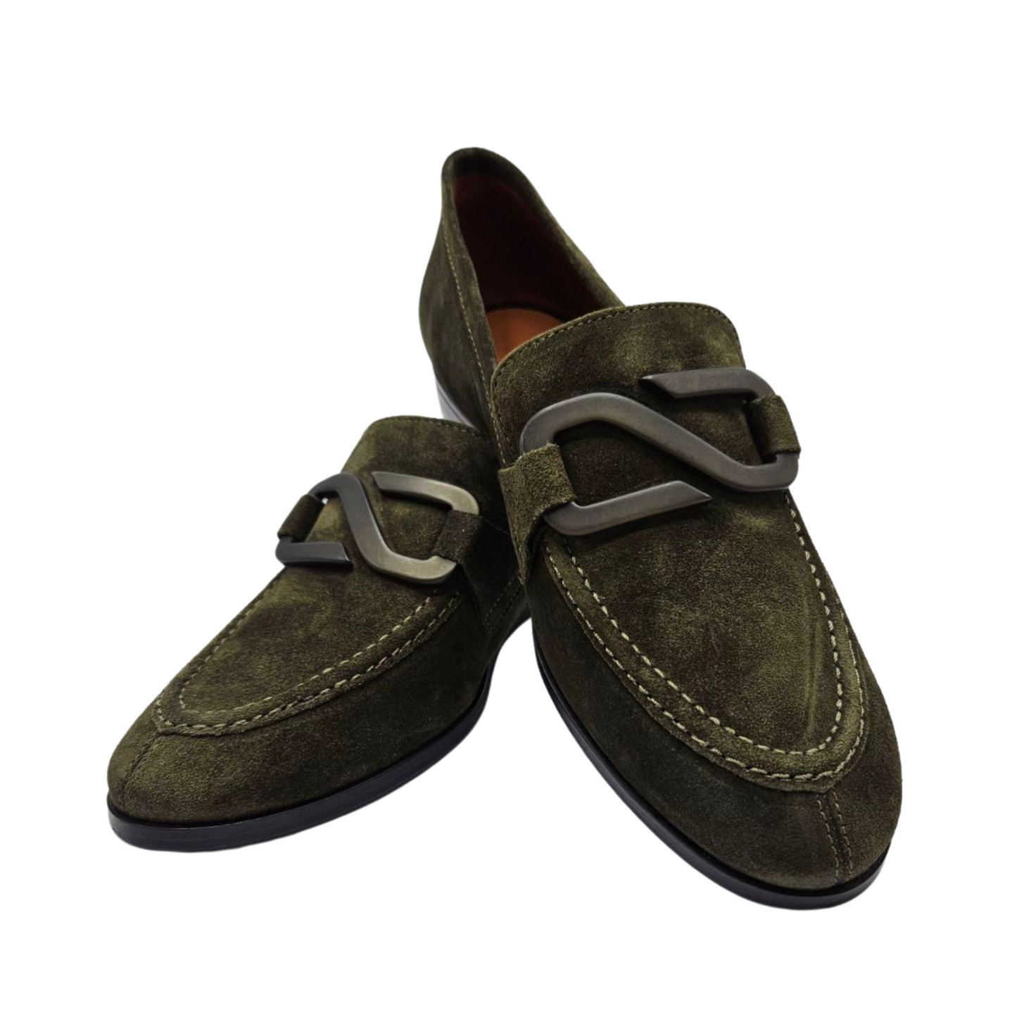 View of a pair of khaki suede loafers with unique S buckle detail, leather lining and footbed.