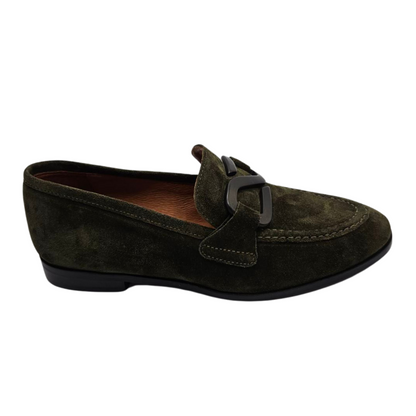 Right facing view of khaki suede flat loafer with unique S buckle detail, leather lining and footbed.