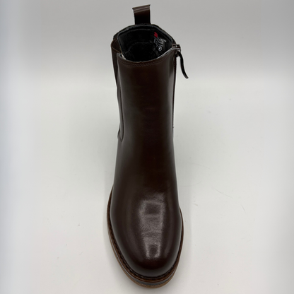 Top  facing view of a brown chelsea boot with a pull on heel tab