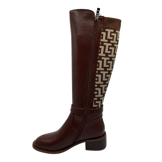 Left facing view of tan leather boots with zipper closure, block heel and rounded toe