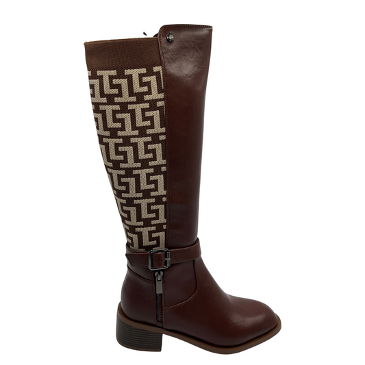 Right facing view of tan leather boots with short zipper closure, block heel and rounded toe