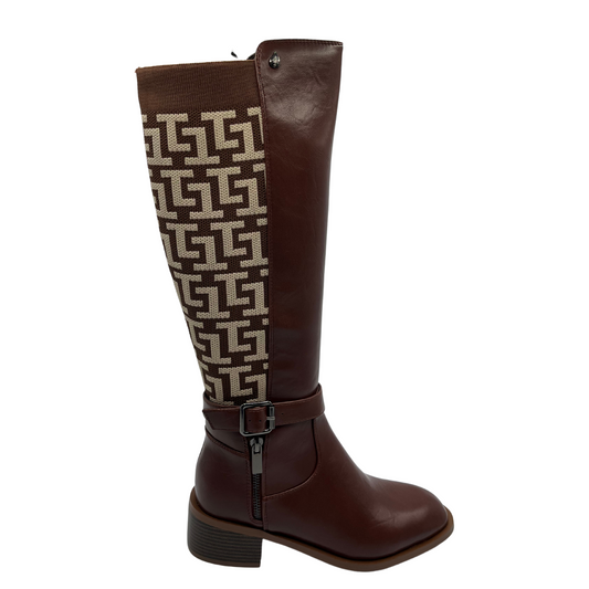 Right facing view of tan leather boots with short zipper closure, block heel and rounded toe
