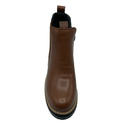 Top view of light brown leather boot with rounded toe and double pull on tabs on the upper shaft