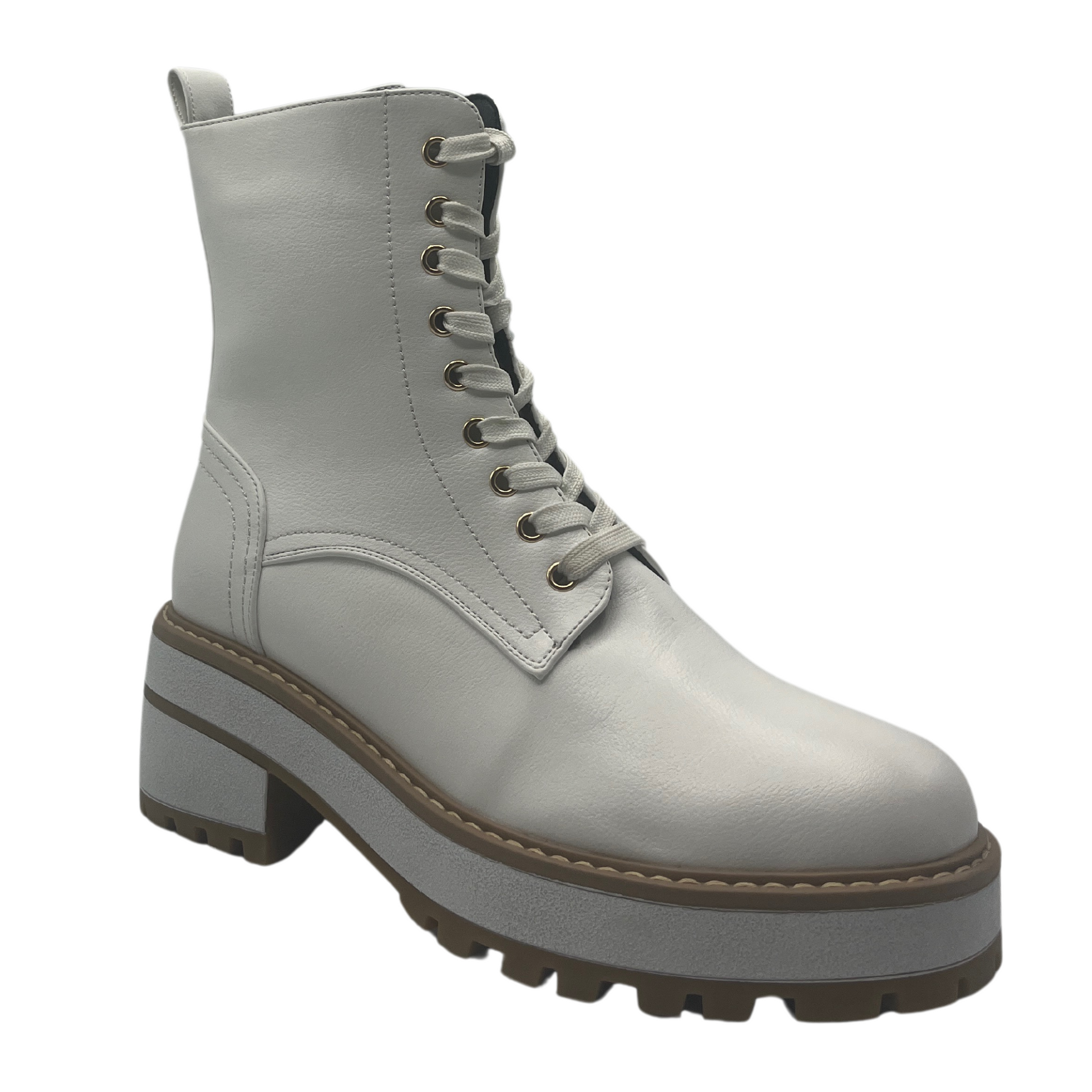 45 degree angled view of white vegan leather boot with lace up front and chunky sole