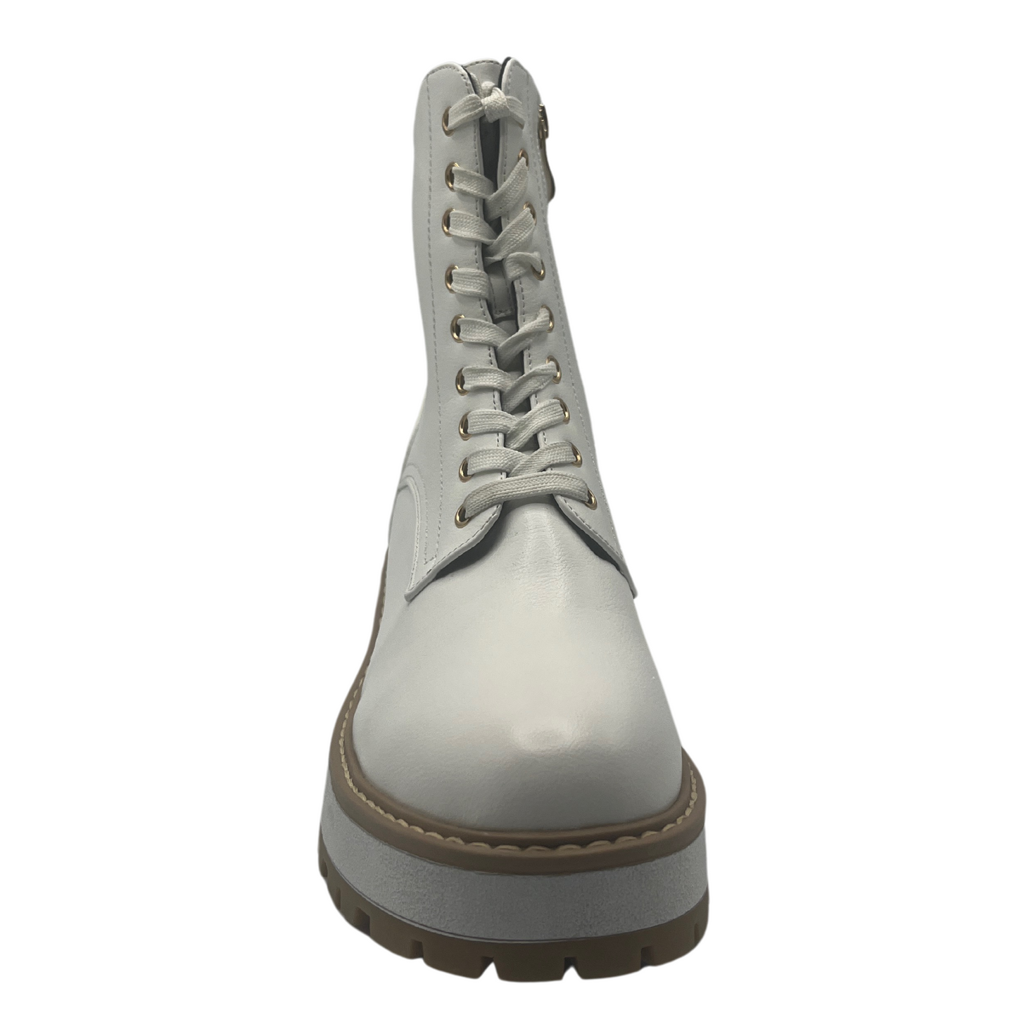 Front view of white vegan leather lace up boot with chunky sole