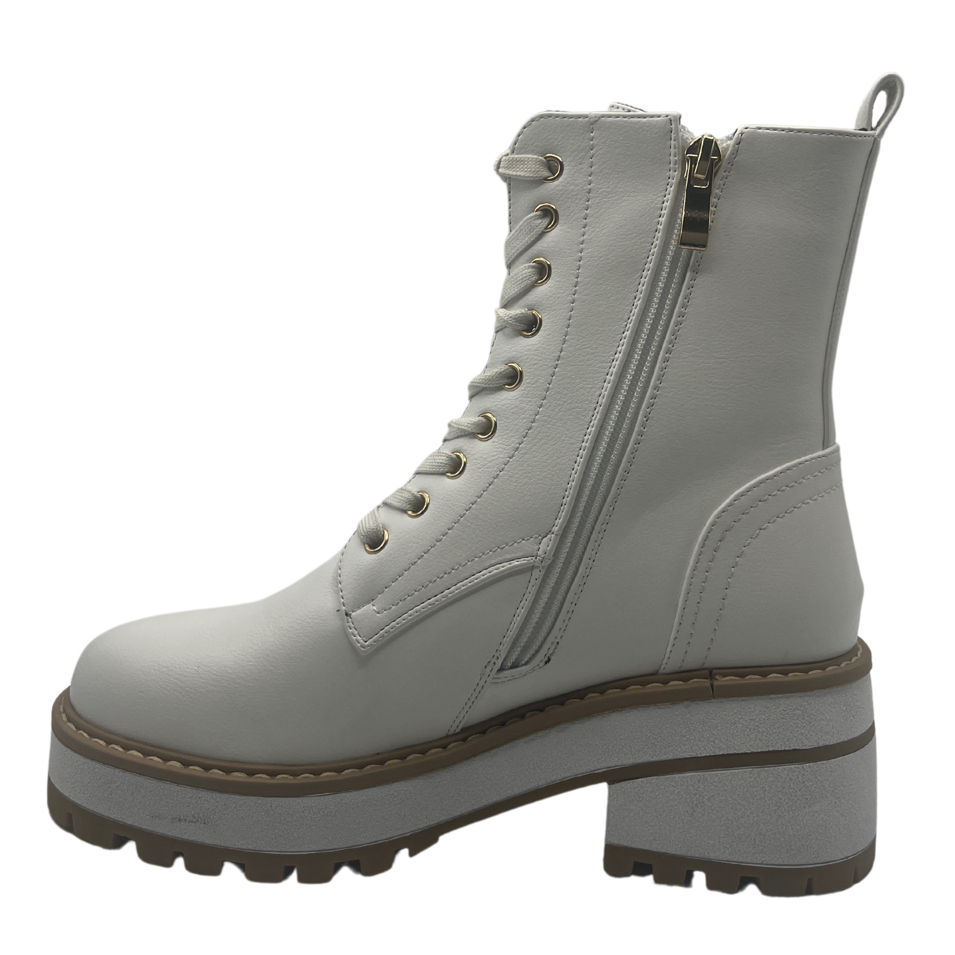 Left facing view of white vegan leather lace up boot with side zipper closure and chunky sole