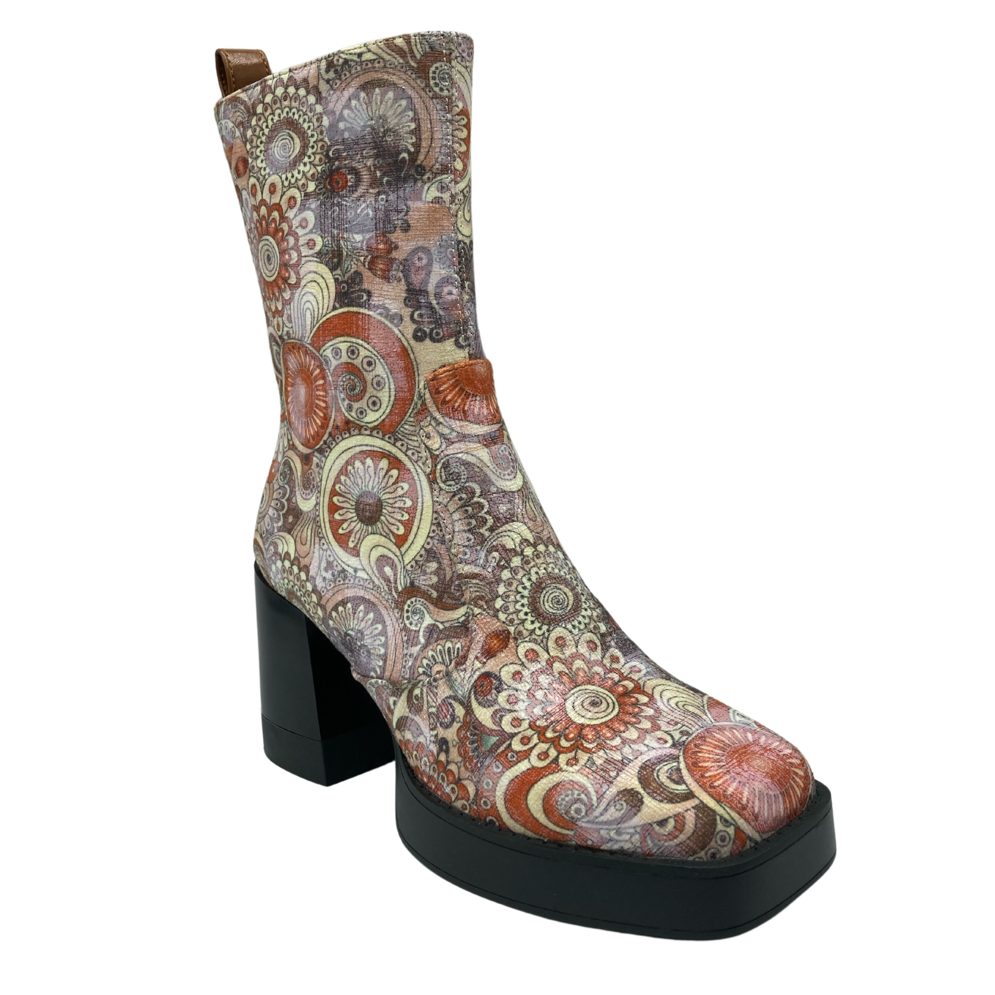 45 degree angled view of retro flower print boot with square toe and block heel