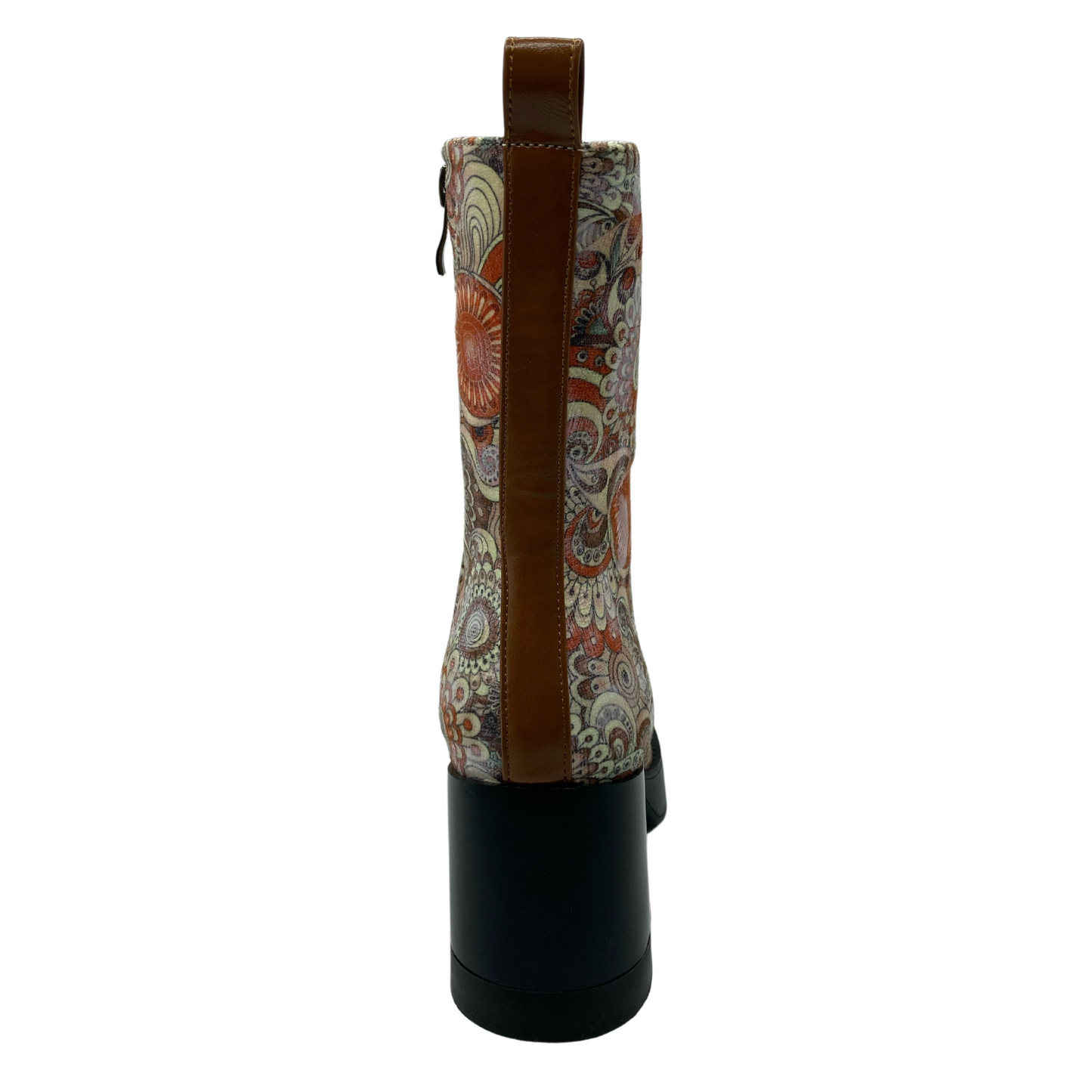 Back view of floral print short boot with block heel