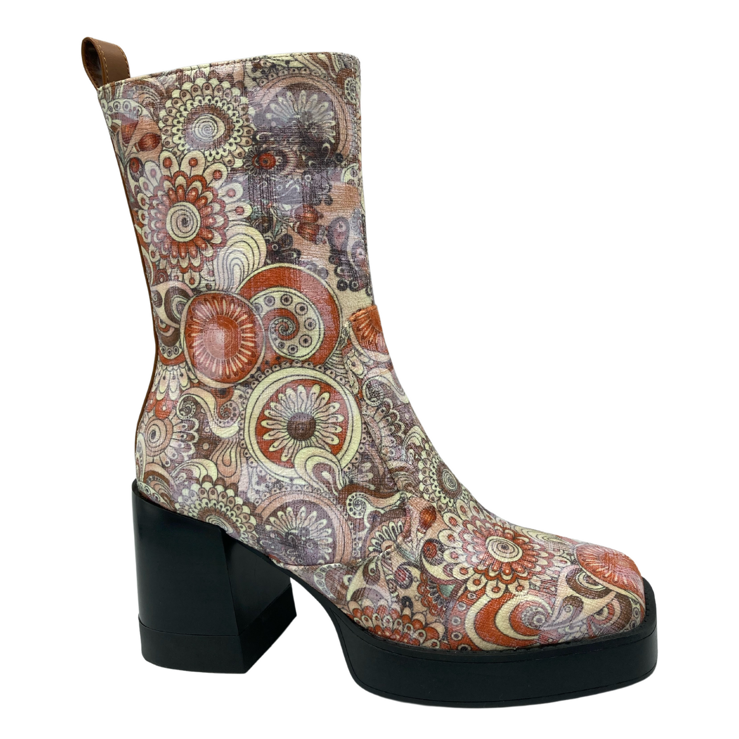 Right facing view of retro flower print short boot with platform sole and block heel