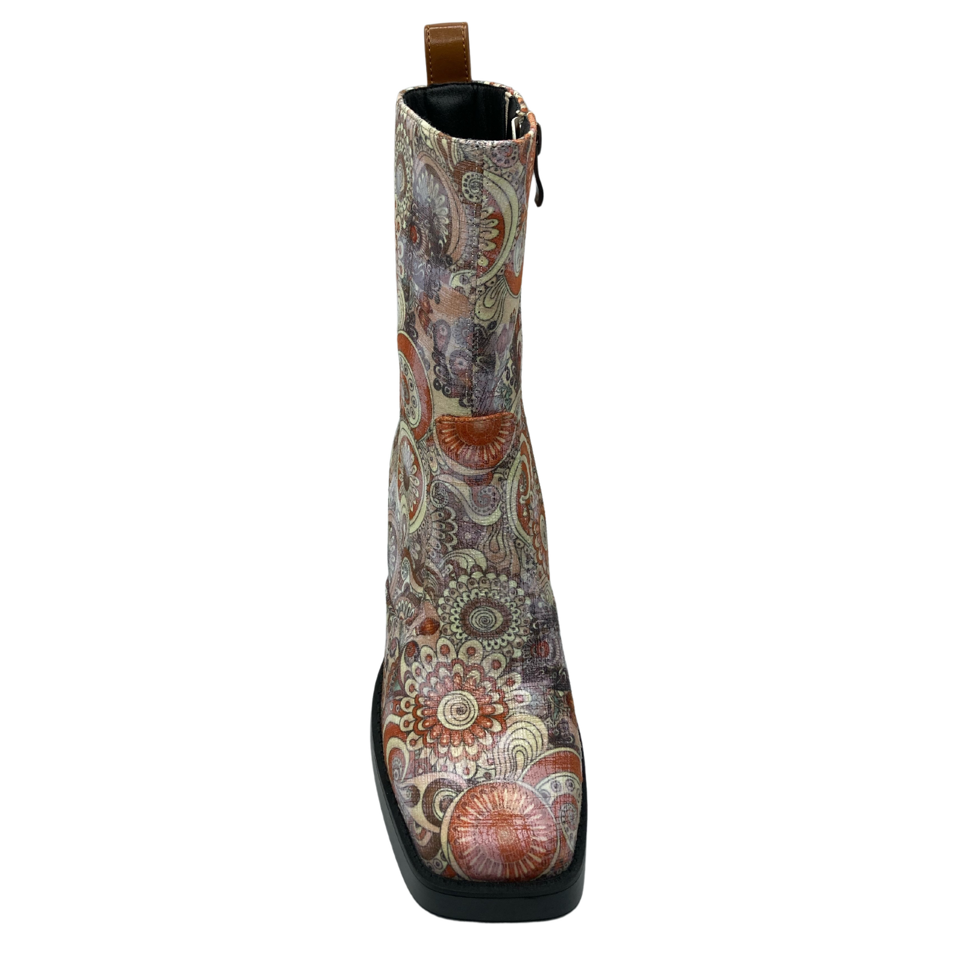 Top view of Floral print boot with square toe and side zipper closure