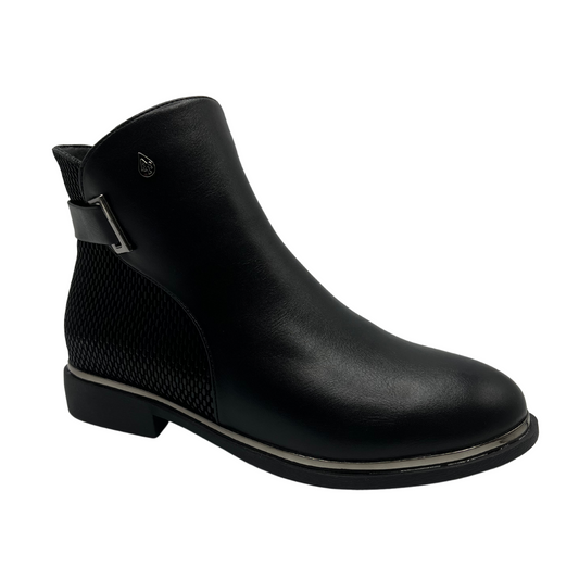 45 degree angled view of black  short boot with small heel and waterproof design