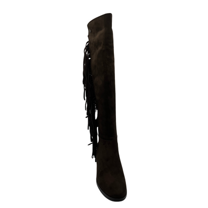 Top view of brown vegan suede tall boot. Side zipper closure, fringe detail and short block heel.