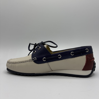 Multicolored boat shoe on a gray background
