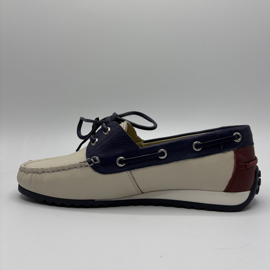 Multicolored boat shoe on a gray background