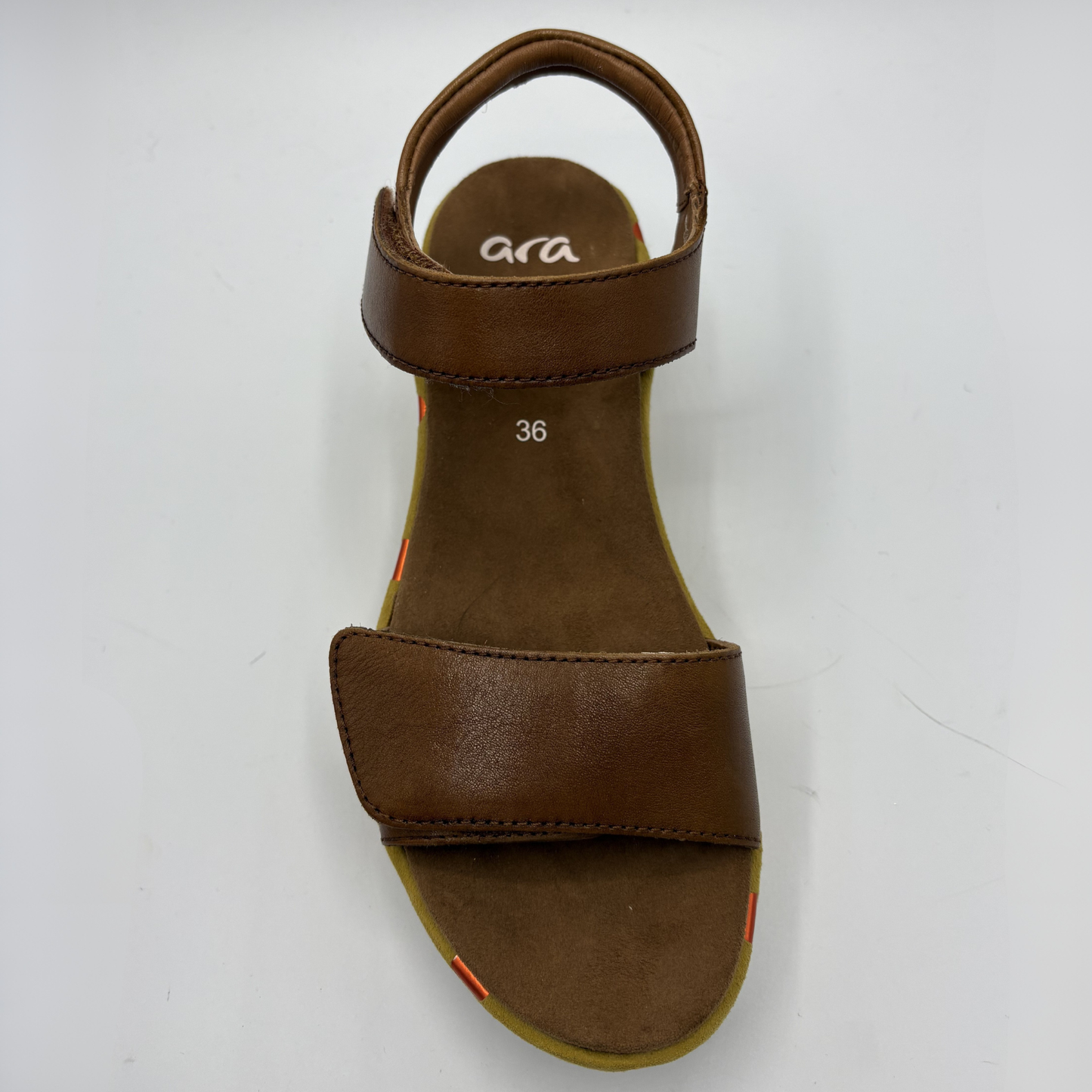 Brown sandal with 'ara' branding on a white background