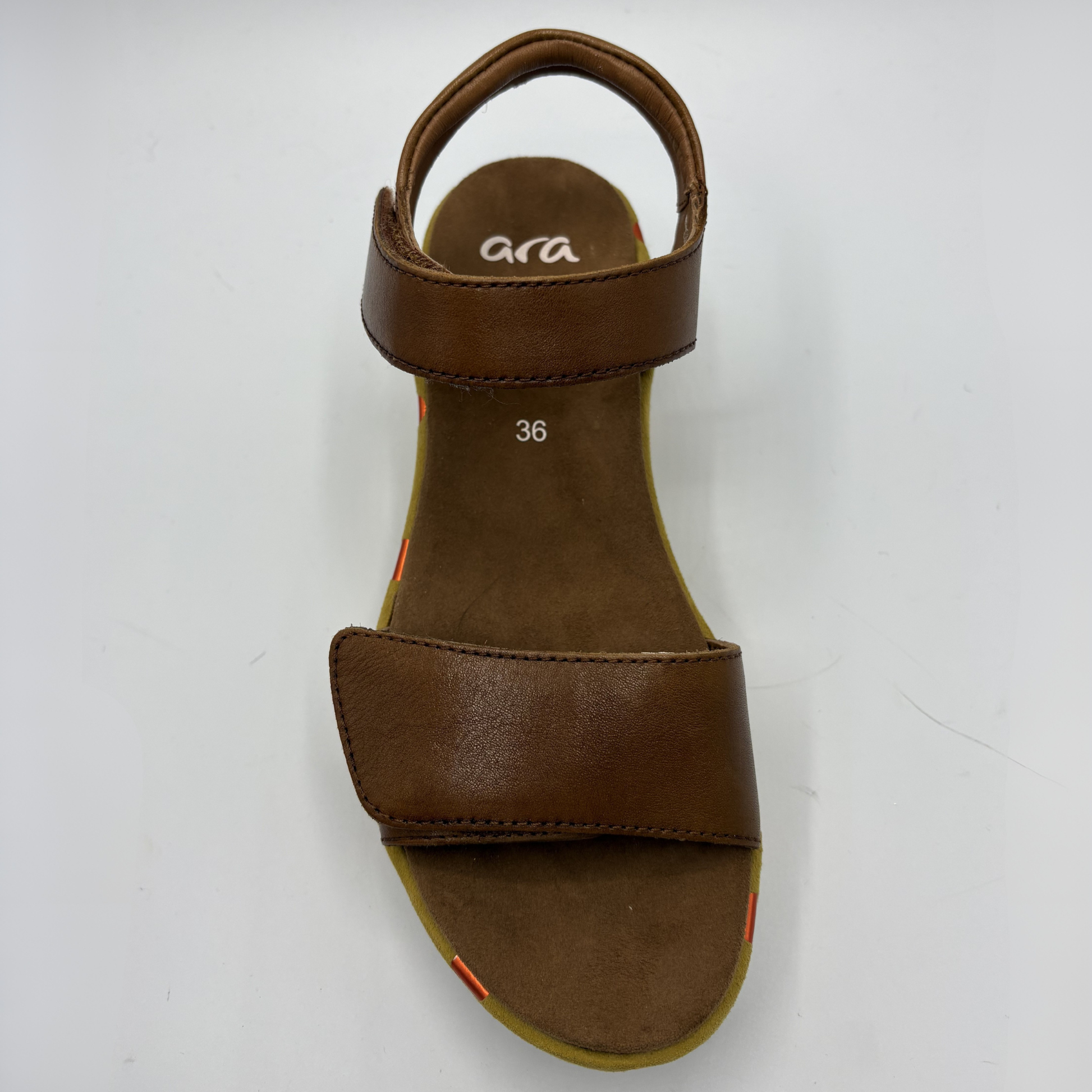 Brown sandal with 'ara' branding on a white background