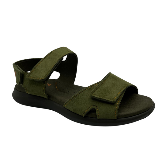 45 degree angled view of green leather sandals with 3 adjustable velcro straps and open toe