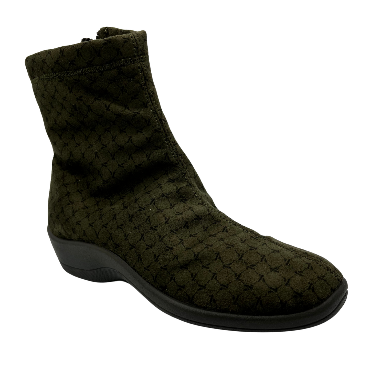 45 degree angled view of olive short boot with black outsole. Side zipper closure and rounded toe.