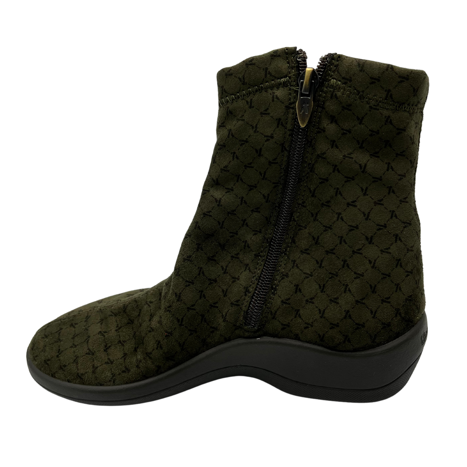 Left facing view of olive short boot with black outsole. Side zipper closure and rounded toe.