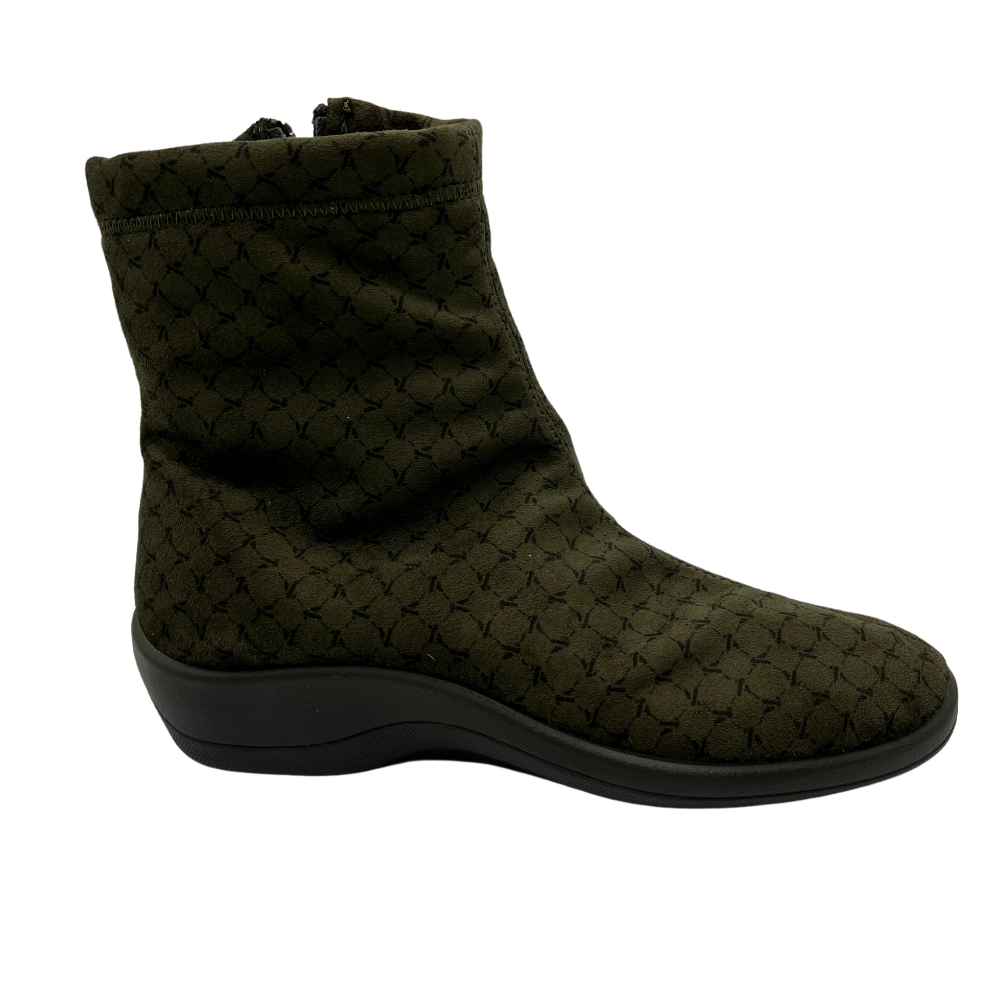 Right facing view of olive short boot with black outsole. Side zipper closure and rounded toe.