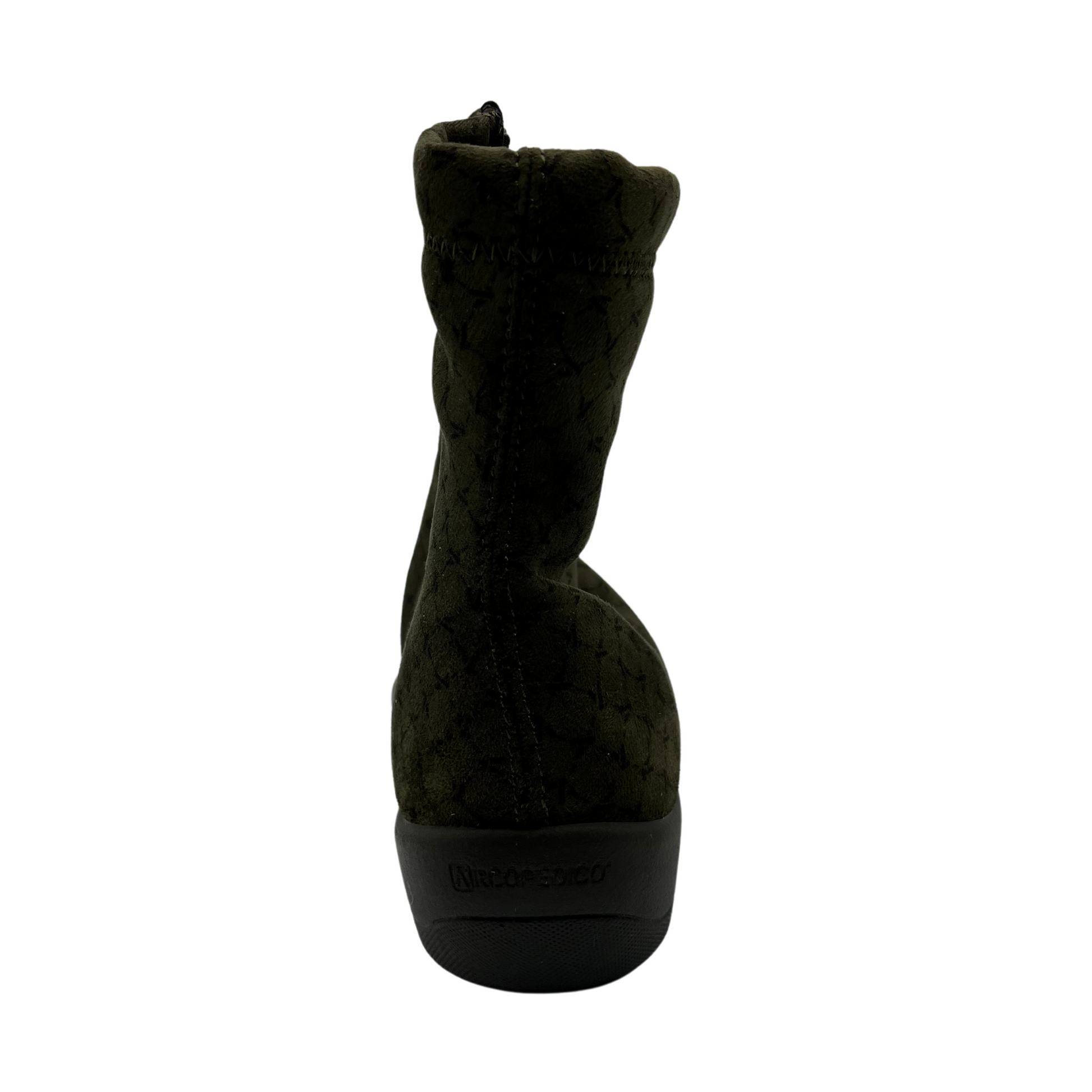 Back view of olive short boot with black outsole. Side zipper closure and rounded toe.